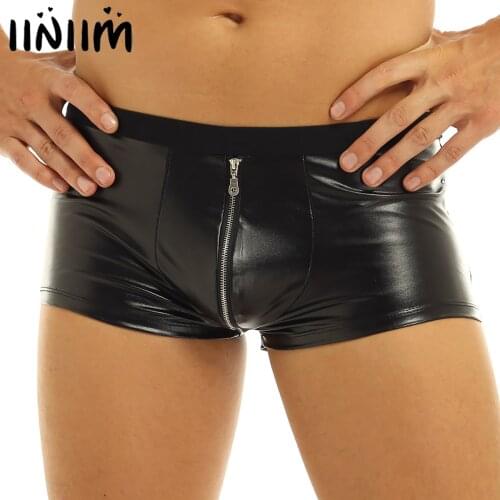 Iiniim Mens Sexy Lingerie Panties Faux Leather Zipper Jockstraps Bulge Pouch Gay Sexy Clubwear Boxer Shorts Underwear Underpants