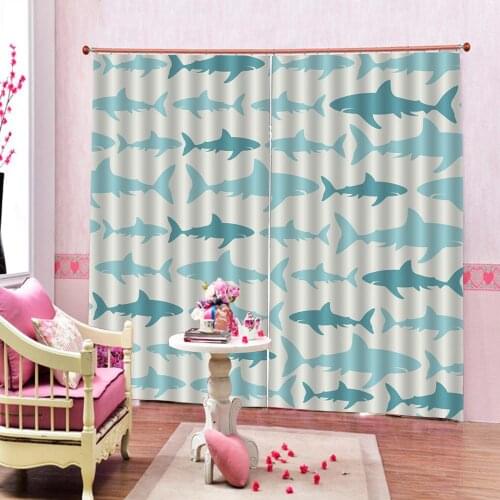 Custom any size Cartoon Blue Sharks 3D Blackout Curtain For Childrens room Bedroom Polyester Fabric Blackout Drapes Decor Sets
