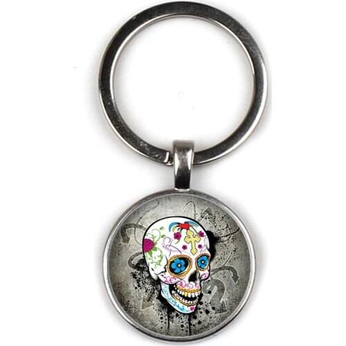 2020 Vintage New Glass Convex Round Skull Flower Keychain Pattern Charm Keyring Gift Bag Party Gift Souvenir Men Women Jewelry
