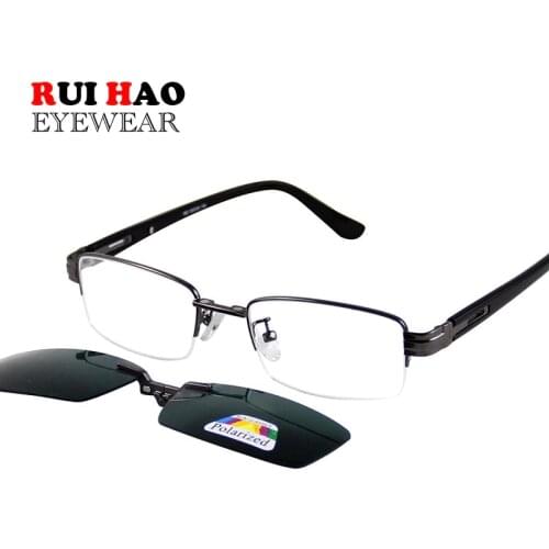 Fashion Optical Eyeglasses Frame Half Rimless Glasses Frame Men Women Alloy Frame and Polarized Sunglasses Clip On