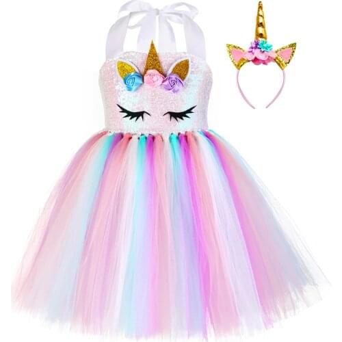Pastel Sequins Girls Unicorn Tutu Dress Set Princess Flowers Girl Birthday Party Dress Up Kids Halloween Unicorn Costume Outfit