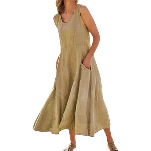 Dresses Ladies Elegent WomenS Casual Solid Cotton Linen A-Line Dress Sleeveless Pocket Loose Dress Casual Daily Streetwear