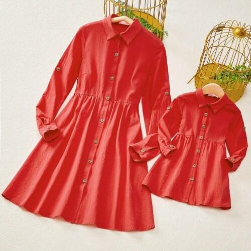 PopReal Parent-Child Outfit Fashion Mom And Daughter Skirt Mini Mother Dress Family Matching Outfits Buttons Turndown Collar