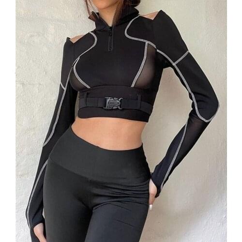 Sexy Patched Buckle Crop Top Women T Shirt Gothic Hollow Out Long Sleeve Turtleneck Tees Punk Slim Corset Streetwear