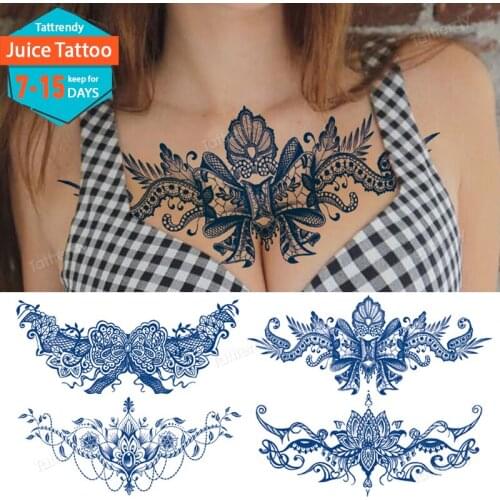 Juice Lasting Sexy Temporary Tattoo Underboob Chest Jewelry Waterproof Tattoo Lace Mandala Henna Women Flowers Tattoos Stickers