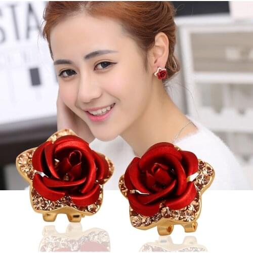 High qualit Red/Blue Beautiful Flower Crystal Not allergic to Gold-color Stud Earrings for Women Jewelry Summer Style