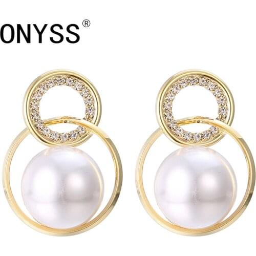 ONYSS Women Fashion Brand Cross Earrings New CZ Rhinestone 14K Gold plated Big Pearl Pendants Hoops Jewelry Earrings Trend 2021