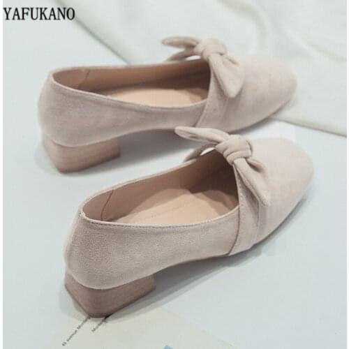 Women Flats Shoes Low Wooden Heel Square Toe Retro Grandma Shoes 2020 New Solid Flock Sweet Butterfly-Knot Casual Work Shoes