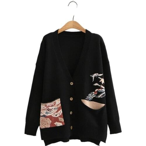 Womens Cardigan Cartoon Embroidery Pocket Casual Knitted Sweaters Female Long Sleeve V Neck Single Breasted Preppy Ladies Tops