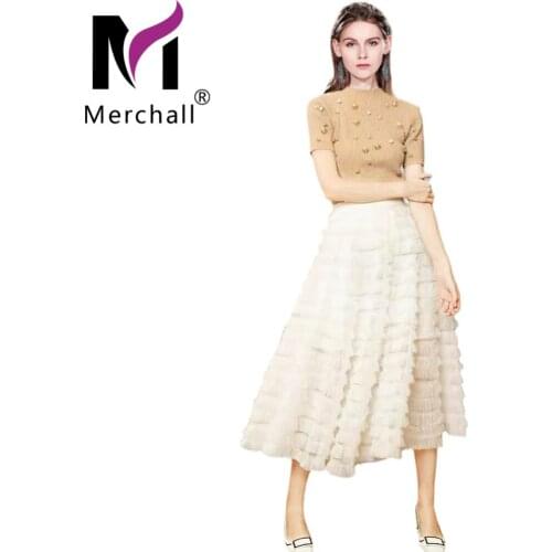 High Quality Autumn Beading Knit Tops and Mesh A-line Ball Gown Long Skirts Two Piece Sets Women Runway Fashion Knit Suit M69521