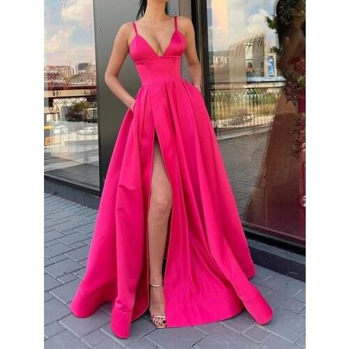 Womens Straps Prom Dress Long High Split Satin Evening Gowns Prom Spaghetti Formal Party Bridesmaid Dresses For Wedding