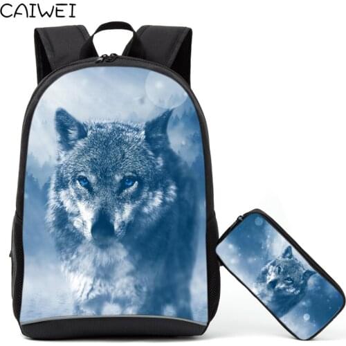 2PCS/Set Backpack Pencil Case For Primary Students Cool Animal Wolf School Bags For Teenagers Book Bag Casual Rucksack