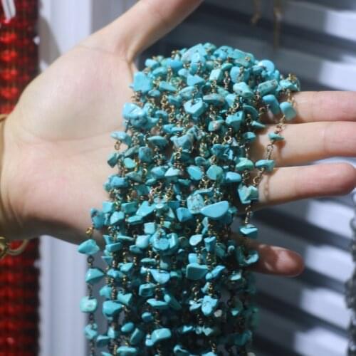 3M/LOT Wholesale Gem stone Gold Jewelery Chain Faceted Natural Turquoises Wire Wrapped Bronze over Sterling Chain or gold plate