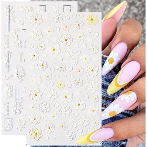 5D Acrylic Nail Sticker Engraved White Flower Sliders Embossed Lace Wedding Nail Art Design Monogram Decals Manicures