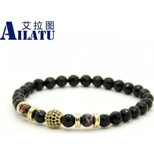 Ailatu Hot Sale A Grade Faceted Black Onyx & Sediment Stone Beads with 9mm Micro Paved Black Cz Beaded Mens Party Gift Bracelet