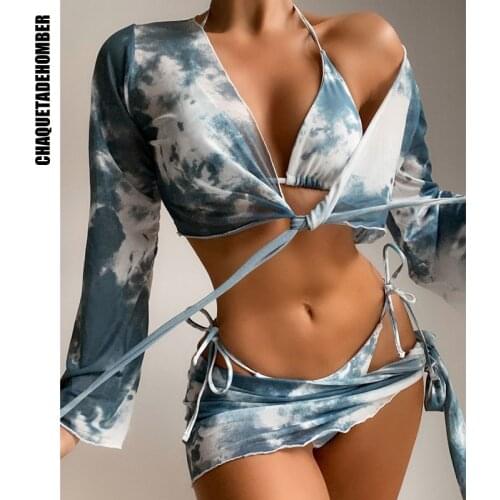 Dye Tie Bikini 2021 Sexy Women Swimsuit Female Swimwear Bikini Set Thong Long Sleeve Bathing Suit 4 Pieces Swimming Suits