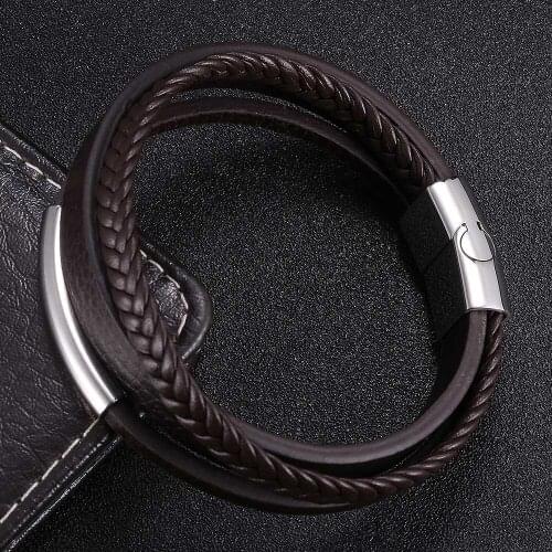 Black/Brown Leather Bracelet Men Stainless Steel Magnetic Buckle Unisex Bangles Gift
