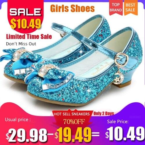 2020 Princess Kids Leather Shoes for Girls Flower Casual Glitter Children High Heel Girls Shoes Butterfly Knot Blue Pink Silver