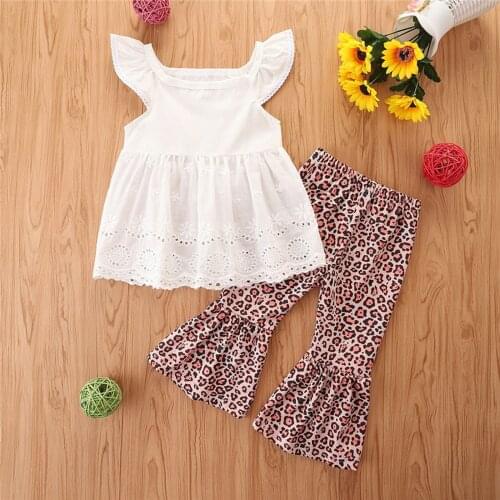 Toddler Baby Girls 2Pcs Set Summer Solid O-Neck Fly Sleeve Lace Tops+ Leopard Print Flared Trousers 1-6 Years Fashion Outwear