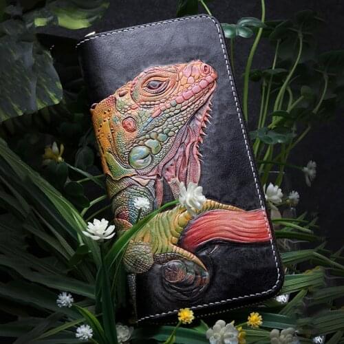 Handmade Genuine Leather Wallets Carving Chameleon Bag Purses Women Men Long Clutch Vegetable Tanned Leather Wallet Card Holder