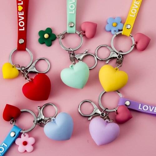 Lovely 5Colors Double Hearts Keychain LOVE&LOVE Rubber Lanyard Key Ring Handbag Hanging Flowers Pendant Charms Long Key Chain