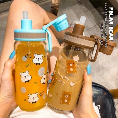Cute Bear Straw Glass Mugs Coffee Cup Boba Tea Cups Student Scale Transparent Milk Cup Water Cup Girls Heart Glass Mug