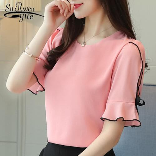 Fashion 2021 Chiffon Women Blouse Shirt Bow Short Sleeve Sweet Womens Clothing Pink O-neck Summer Feminine Tops Blusas D621 30