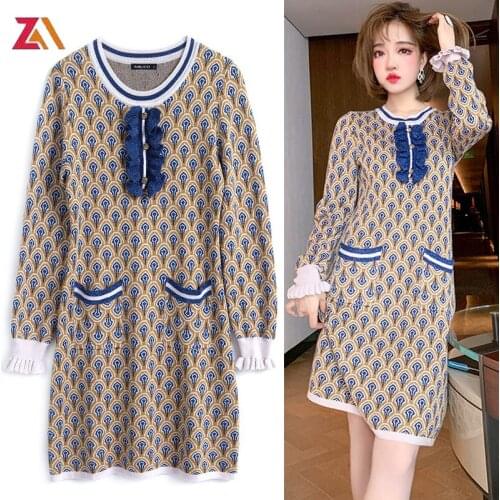 ZALady fashion vintage o-neck mini knitting dress elegant autumn winter ruffles Top Casual Long-sleeved Sweater women dresses