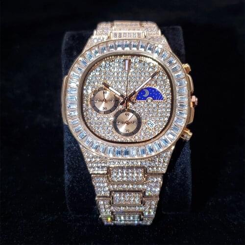 Hip Hop MISSFOX Rose Gold Watch Men Stainless Steel Square Diamond Date Iced Out Mens Watches Luxury Brand Chronograph Watch Men