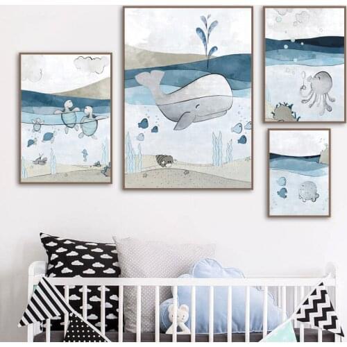 Blue Sea Whale Turtle Octopus Wall Art Canvas Painting Cartoon Nordic Posters And Prints Wall Pictures Girl Boy Kids Room Decor
