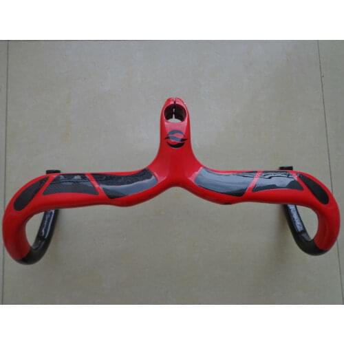 Newest red QILEFU Road bike 3K full carbon bicycle handlebar and Stem integrated with stent hole lightest parts Free shipping