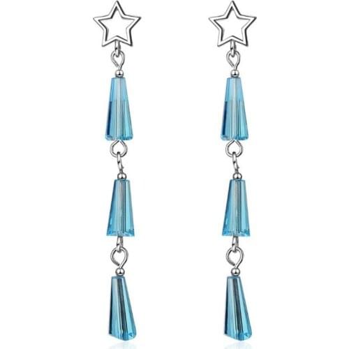 New Atmosphere Long Tassel 925 Sterling Silver Jewelry Crystal Fan-shaped Five Pointed Stars Dangle Earrings SE659