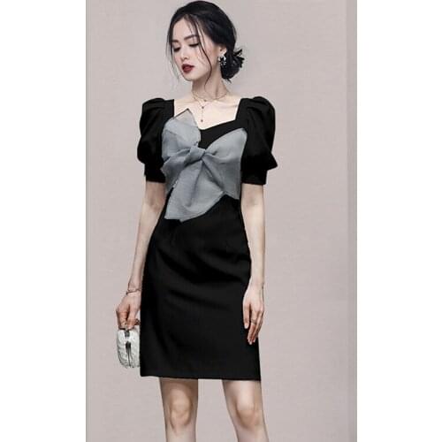 Summer Office Ladies Fashion Party Club Maxi Dresses for Women Big Bow Mesh Square Collar Sweet Female Puff Sleeve Bodycon Dress