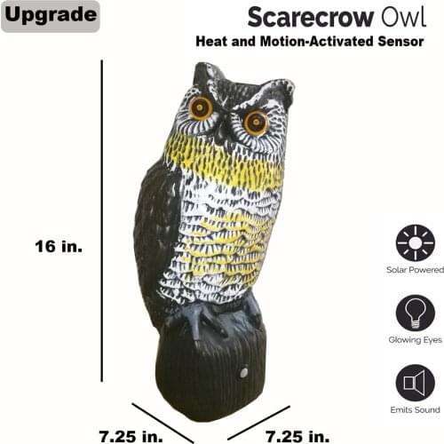 Solar Powered Animal Repellent Scarecrow Owl- PIR Sensor Motion Activated Scarecrow Diverter with Flash Eyes& Frightening Sound