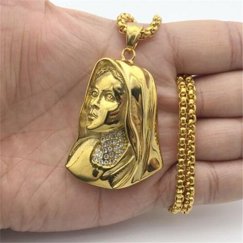 Religious Stainless Steel Virgin Mary Pendant Necklace Women Jewelry Christian Gold Color Iced Out Madonna Necklace DropShipping
