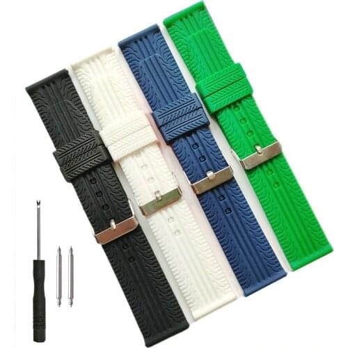 20mm Silicone Rubber Watch Band Super Thin Tire Track Strap for Fashion Casual Watches Black Blue Green White