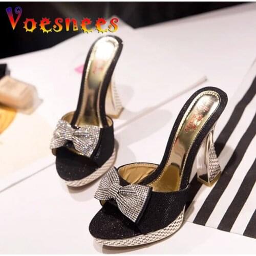 Shoes Women Sequins Super High-heeled Slippers Female Summer sexy slipper Bow thick-heeled waterproof Platform 2.5cm thick-soled