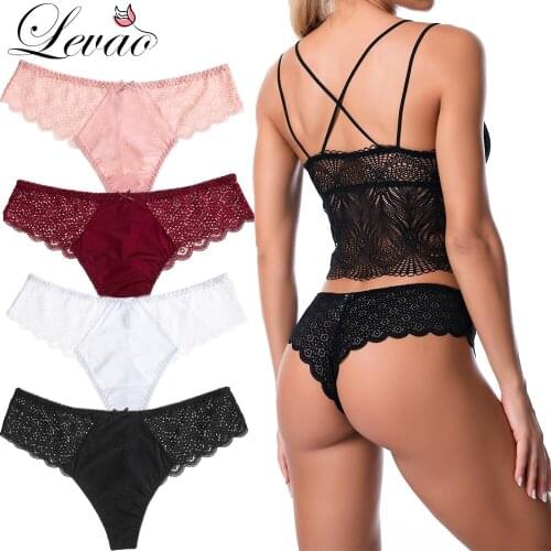 LEVAO Women Sexy Ice Silk Lace Lingerie Thong Panties Female Fashion Floral Hollow Out Exotic Underwear Transparent G String