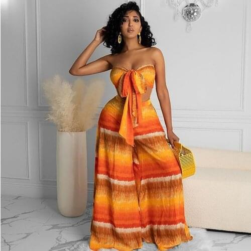 Gradient Printed 2pcs Tracksuit Women Off The Shoulder Strapless Crop Top And Casual Loose Wide Leg Trousers Beach Outfits 2021