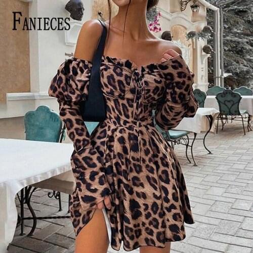 FANIECES Fashion Leopard Print Mini Dress Women Long Sleeve Drawstring Ruched Tunic Party Slash Neck Ruffle Sexy Retro Vestidos
