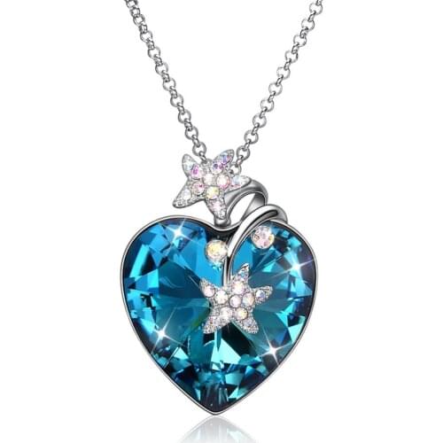 S925 Crystal Pendant Necklaces Women Large Blue Heart Star 925 Sterling Silver Zircon Necklaces for Lady Charm Sweater Wears