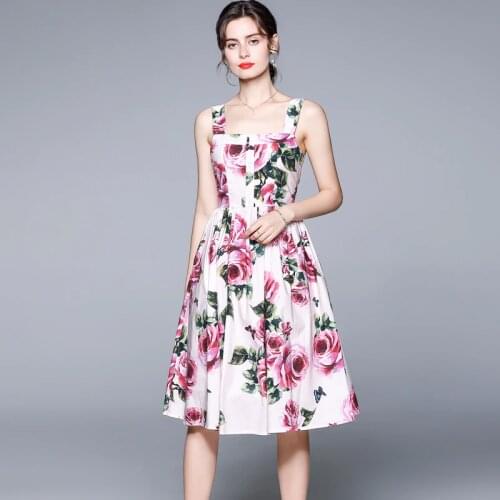 JSXDHK Summer Rose Flower Printed Dress Runway Women Spaghetti Strap Pink Floral High Waist Holiday Beach Ball Gown Knee Vestido