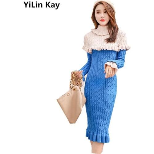 YiLin Kay Women Turtleneck Collar Knitted Sheath Dress Autumn Winter Blue Patchwork Ruffles Bodycon Mermaid Warm Sweater Dress