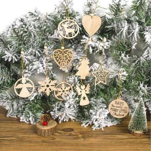 12pcs/Bag Wooden Hollow Out Christmas Snowflake Pendant Tree Decorations Xmas Angel Elk Star Wood Drop Ornaments