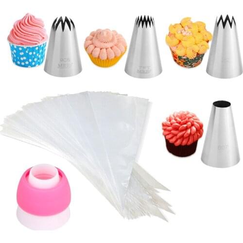 Free Shipping 4pcs Stainless Steel Large Cake Decoraiton Icing Tips Set with 10pcs Disposable Pastry Bags,1pcs Plastic Coupler
