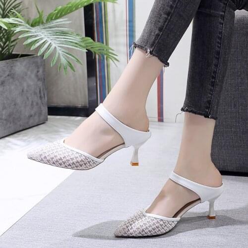 Free Shipping -2021 Spring and Summer New Sandals and Slippers Korean High-heeled Womens Shoes Pointed Stiletto Mesh Slippers