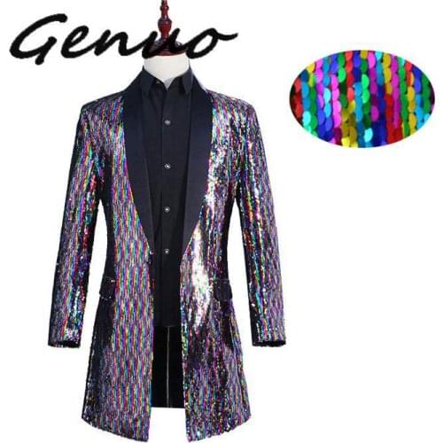 Genuo Coulorful Sequin Glitter Blazer Jacket Men 2020 Brand Luxury Extra Long Suit Men Nightclub DJ Stage Singer Blazers Homme