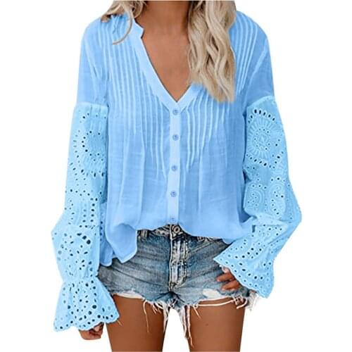 Summer Elegant Office Blouse Women Clothes V-neck Long Flared Sleeve Solid Color Streetwear Shirts Women Blouses Plus Size Tops
