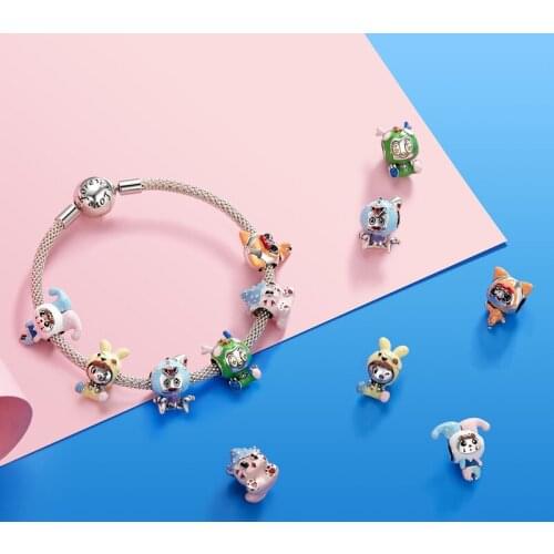 WOSTU 925 Sterling Silver Love Cute Cat Rabbit Space Clown Dragon Chick Doll Charm Charm Beads Fit Original Bracelet DIY Jewelry