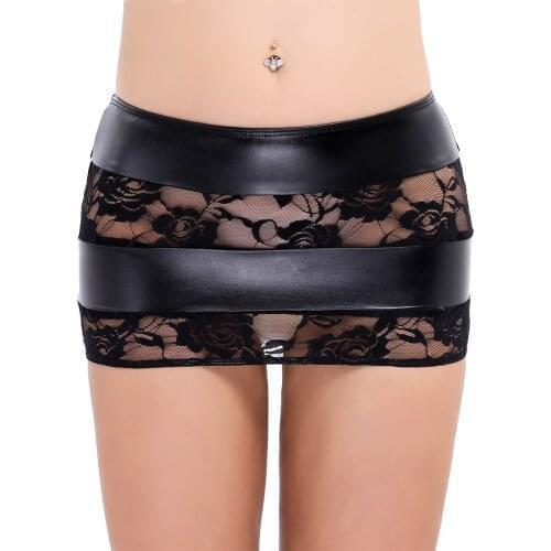 Black Women Ladies Semi-See Through Miniskirts Faux Leather and Lace Splice Striped Bodycon Mini Skirt Party Nightwear Clubwear